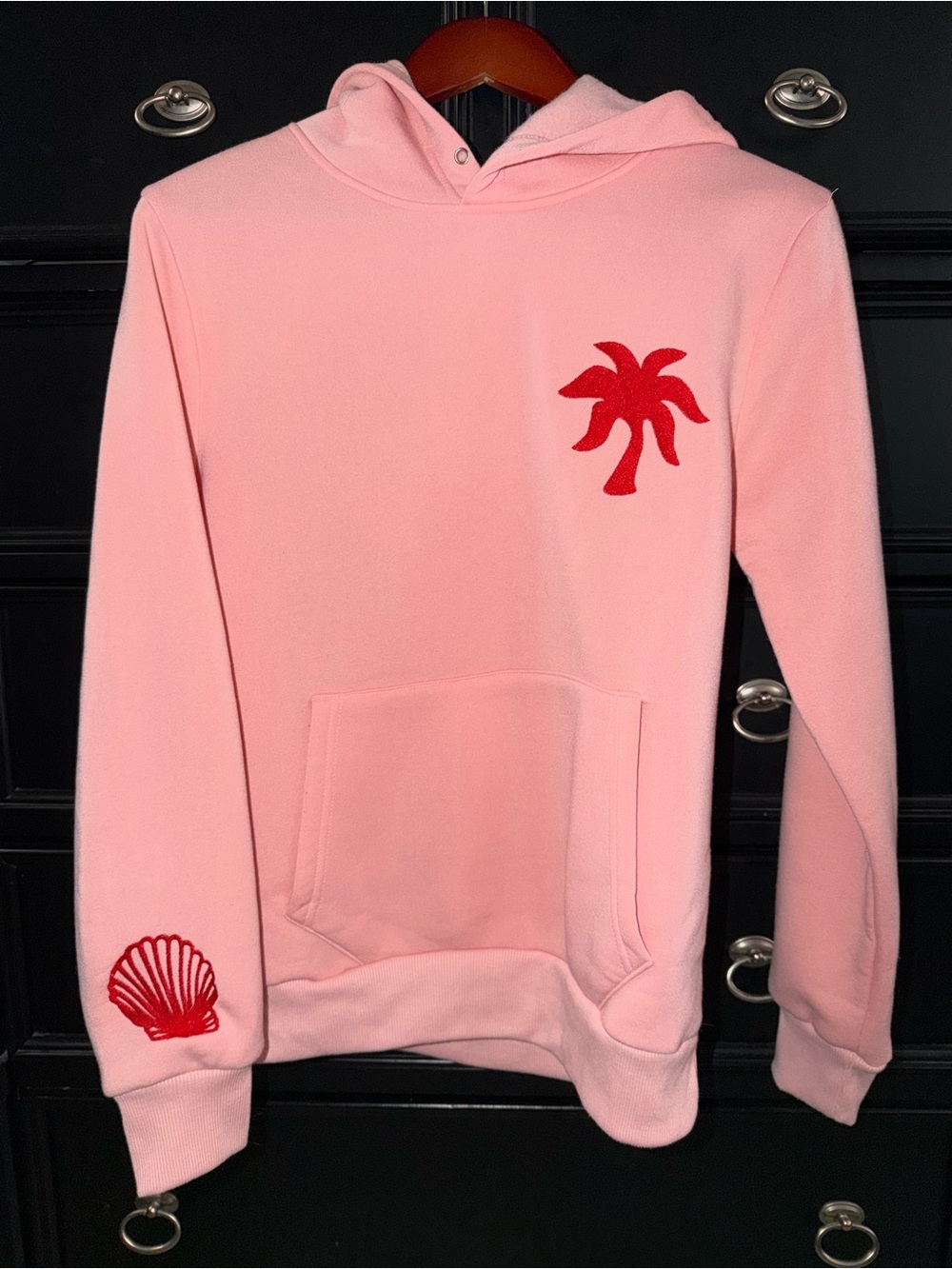 Women's Pink Pullover Hoodie with Red Beach Embroidery